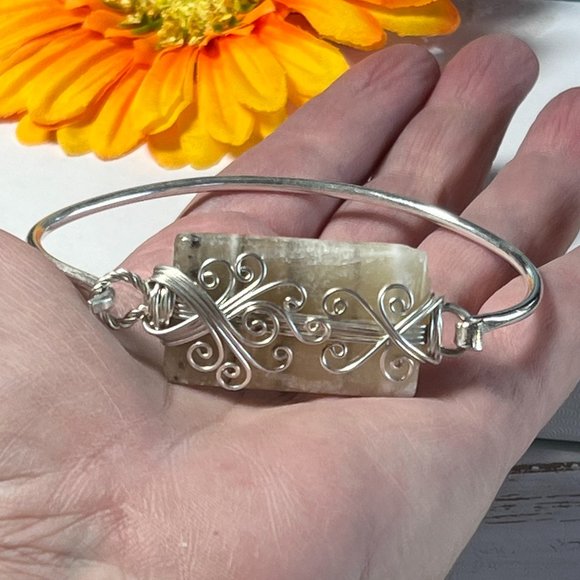 Laguna Lace Calcite Bangle Bracelet Cuff Handmade Silver Plated Wire Wrapped New - Picture 5 of 8